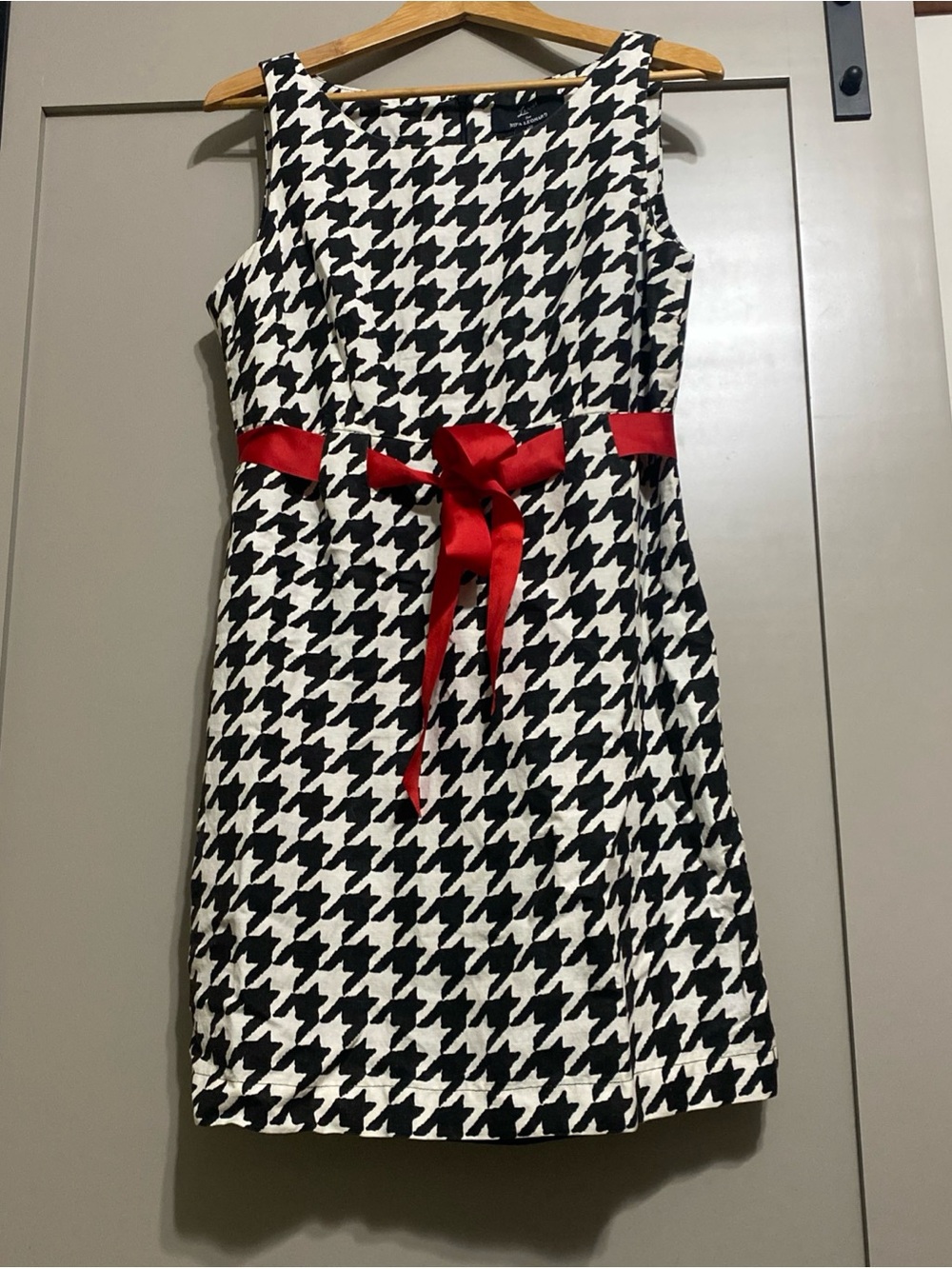 Nina Leonard Black and White Houndstooth Mini Dress with Red Belt